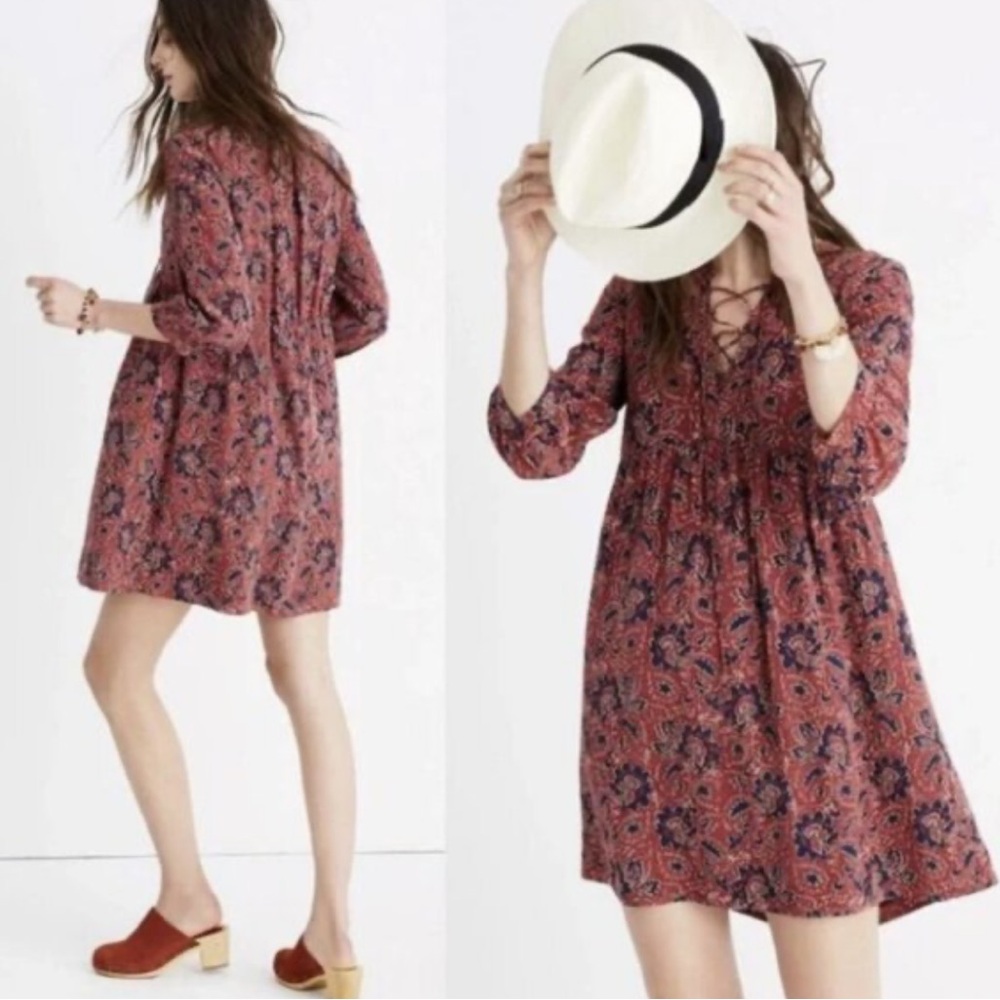 Madewell Assam Floral Silk Peasant Tunic Dress Burgundy L